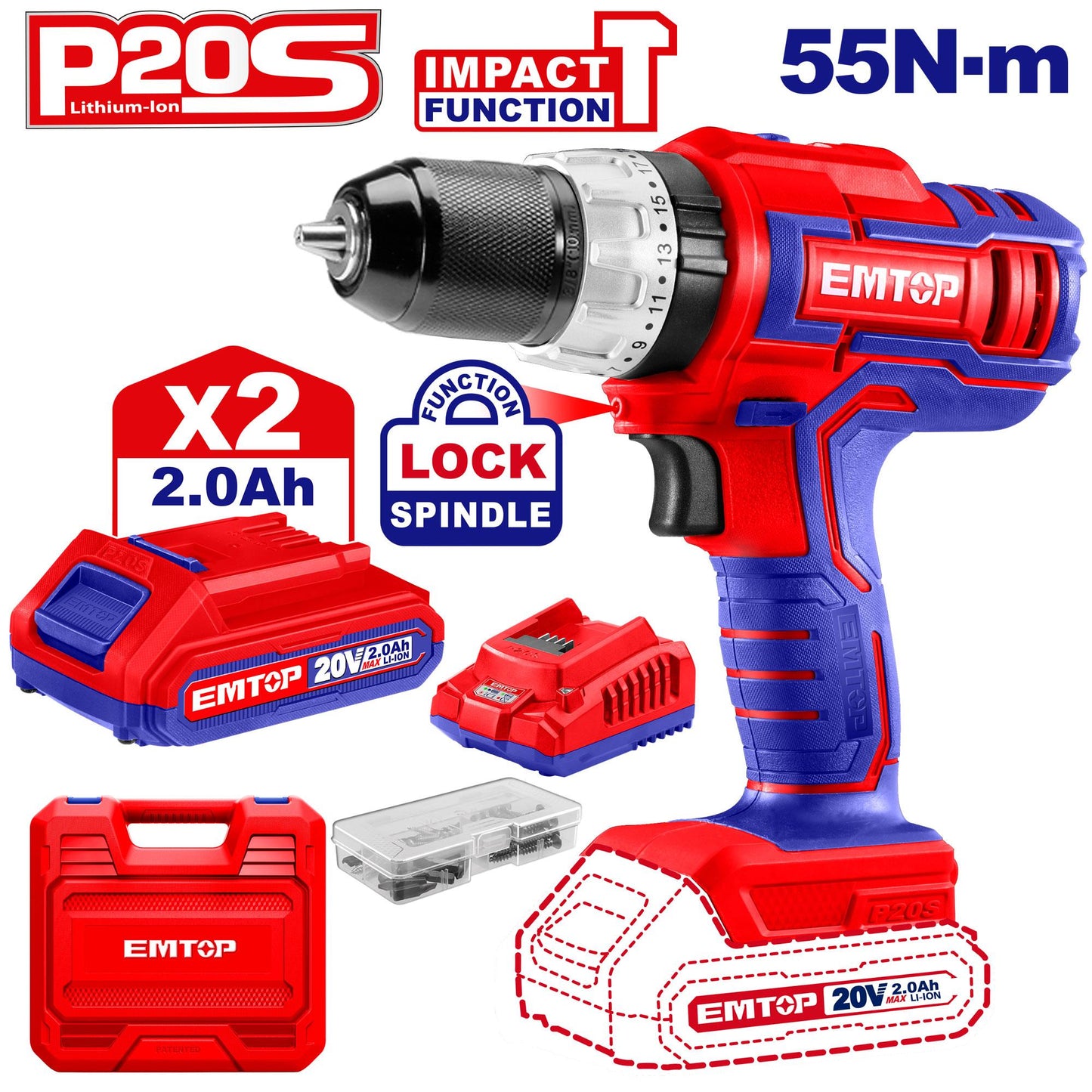 Battery Powered Impact Drill 2Ah 20V 55NM - شنيور بطارية 2 امبير 20 فولت 55 نيوتن
